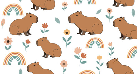 Fototapeta premium Delightful pattern displays capybaras sitting among colorful rainbows and spring flowers on a minimalist white background.