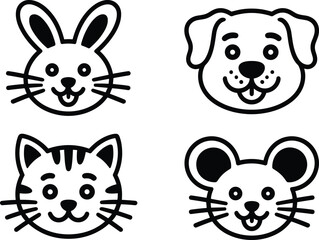 Obraz premium Hand-drawn cartoon animal faces icons, rabbit, dog, cat, mouse, round faces, expressive eyes, smiling mouths, children’s playful educational illustration concept