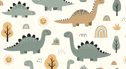 Childish dinosaur seamless pattern with cute prehistoric creatures, smiling suns, colorful rainbows, and trees on a cream background.