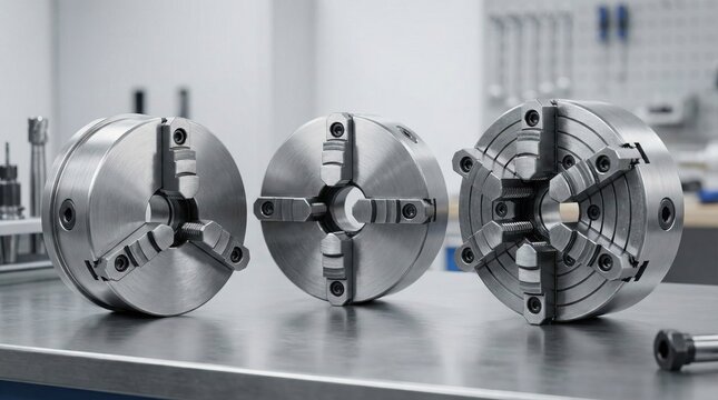 Precision metal lathe chucks displayed in industrial workshop,manufacturing engineering equipment concept for machining,mechanical production and industrial technology applications