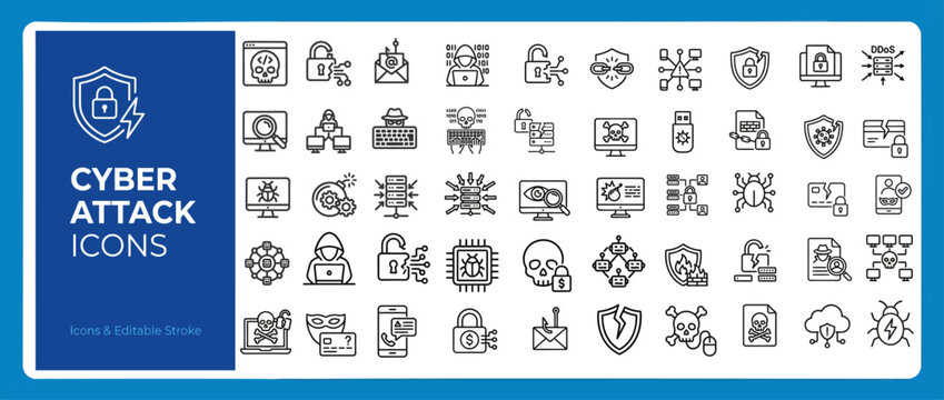 Cyber Attack Outline Vector Icon Set &ndash; Hacker, Malware, Phishing, Virus, Ransomware, Firewall, Data Breach, Shield, Bug UI Web App Editable Stroke Modern