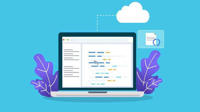 Laptop displaying programming interface connected to cloud backup storage, representing secure code storage, software development workflow, and digital technology.
