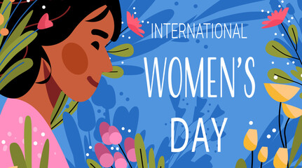 8 March womens day woman portrait flowers celebration blue background floral decoration modern banner