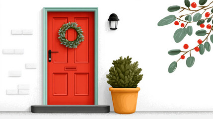Fototapeta premium Minimalist chalking door tradition with festive wreath and potted plant