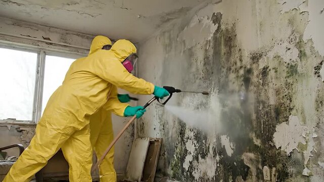 Mold Remediation Professionals in Protective Gear Cleaning Wall with Pressure Washer.