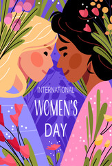 8 March womens day celebration two diverse women face to face surrounded by colorful flowers purple background floral decoration