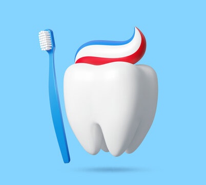 3d tooth with toothbrush, dental care. Realistic vector white tooth with toothpaste swirl and blue toothbrush. Dental hygiene symbol showing oral care, health and daily brushing routine and healthcare