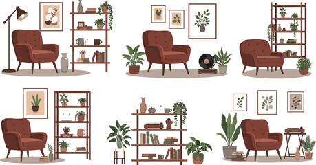 Cozy mid century modern living room interior set with comfortable armchairs wooden bookshelves house plants wall art and vintage record player flat vector illustration © Sumona