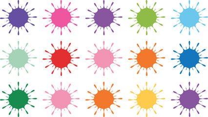 Bright paint splatter circles vector set, colorful radial splash shapes and ink blot elements isolated on white background