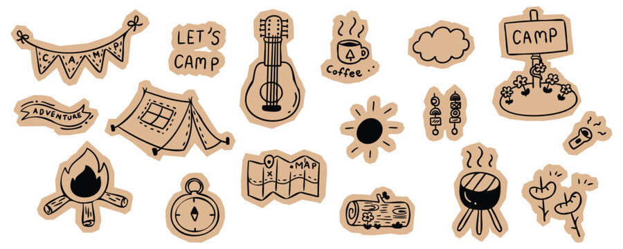 Hand drawn camping and outdoor adventure sticker set featuring tent, campfire, guitar, map, compass, and forest travel elements for scrapbook and journal. Vector illustration design.