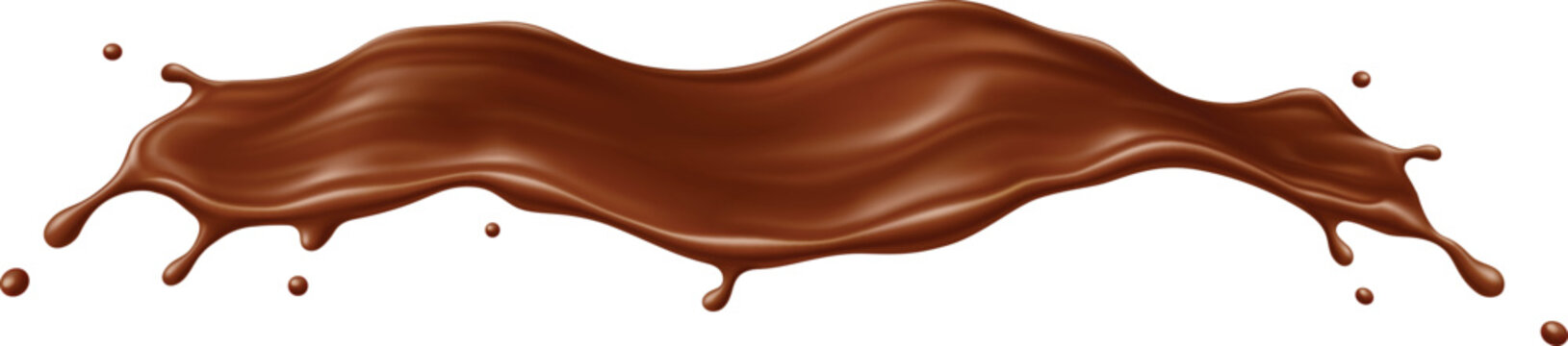 Chocolate milk cream or drink wave splash, brown choco and cocoa flow, realistic splatter. 3d vector cocoa dessert swirl, drink stream with splatters. Brown liquid with drops, splashing with droplets