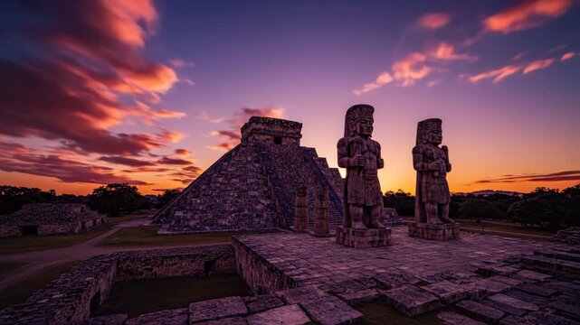 Ancient Ek' Balam Mayan Ruins at Sunset Time-Lapse with Dramatic Sky and Moving Clouds