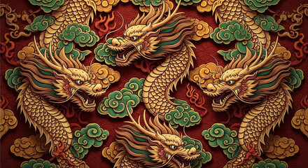 Obraz premium Intricate Golden Dragons Amidst Emerald Clouds on Red Background CNY Chinese New year Pattern Prospe