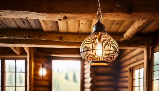 vintage rustic lamp hanging from wooden ceiling in cozy house with soft lighting and aged beams creating warm atmosphere rustic cozy