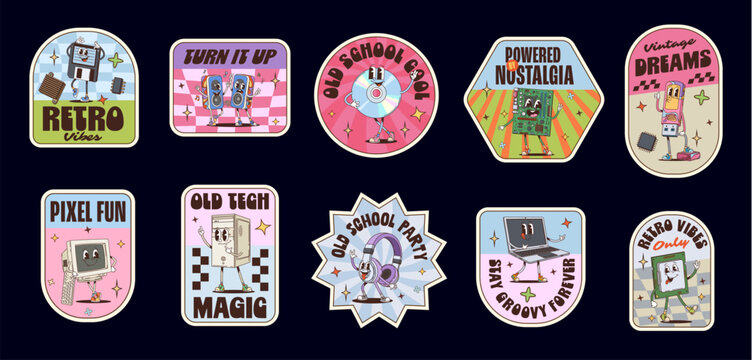 Computer groovy label stickers, device retro patches with vector slogans turn it up, old school cool, powered by nostalgia. Vintage dreams, pixel fun, old tech magic, old school party and retro vibes