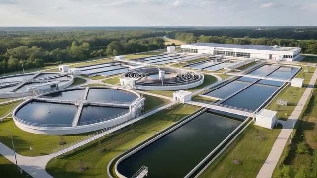 Aerial perspective of water processing facility with infrastructure details