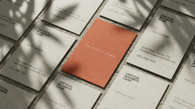 Minimalist vertical business card mockup with elegant typography and natural shadows,branding identity stationery design concept for modern companies and creative professionals