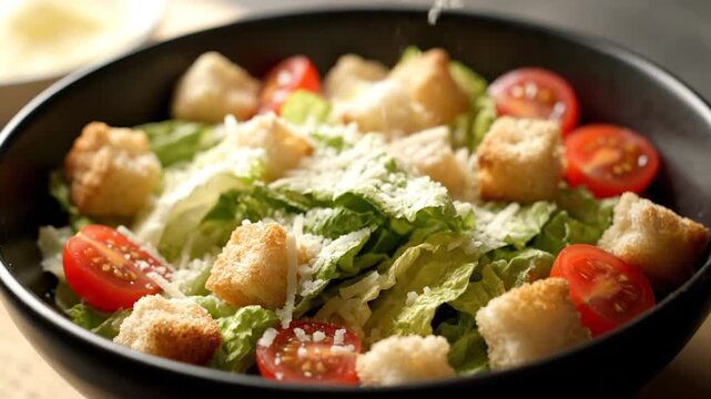 Fresh Caesar salad with tomatoes and croutons, cheese being sprinkled into a black bowl