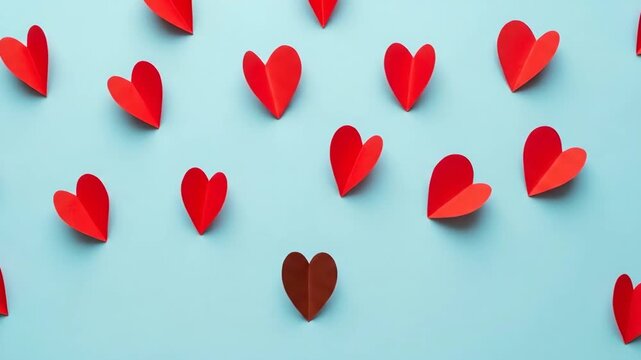 A collection of origami hearts scattered across a light blue background