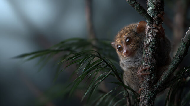 A rare Philippine tarsier clinging to a tree.