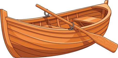 Detailed vector illustration of a traditional wooden rowboat with oars for fishing transportation and lake adventure concepts। © MSTRazia