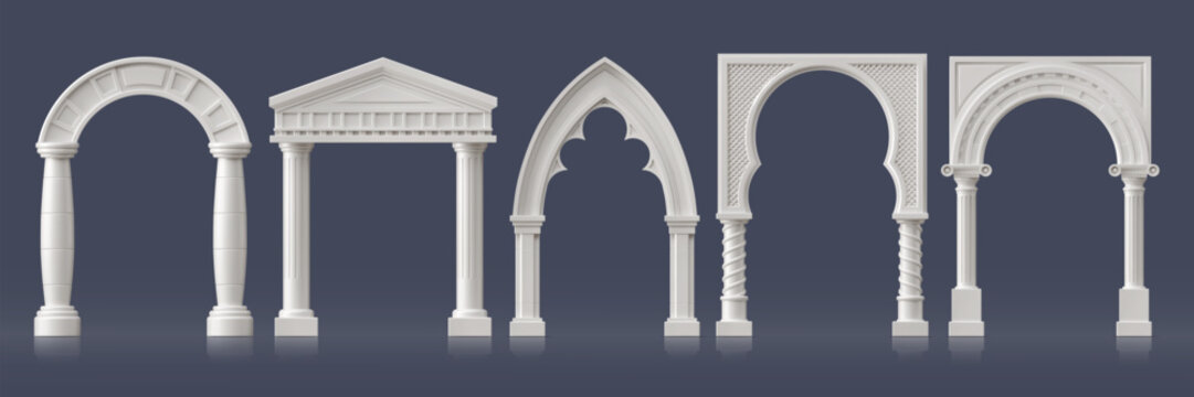 3d stone palace arch, marble castle archway, antique roman column pillars, ancient temple gate, Greek doorway arc. Realistic vector monumental building architecture. Classical antique portal frames