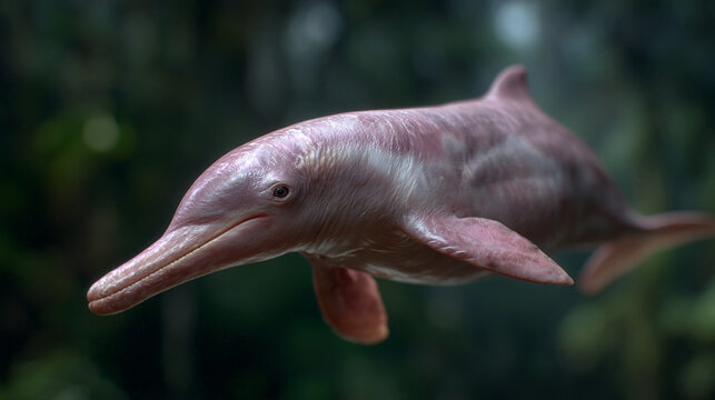 Rare pink river dolphin or boto swimming in the dark waters of the amazon rainforest.