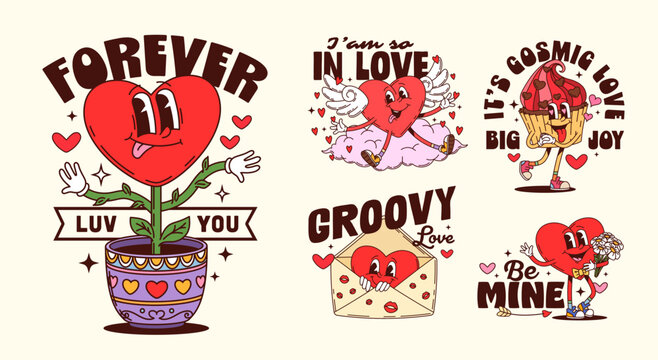 Valentine love heart groovy characters on stickers for love holiday, cartoon vector labels. Valentine day Y2K groovy stickers, love quotes with funky heart on pink cloud and cupcake with freaky smile