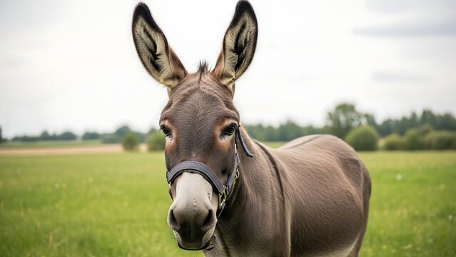 Donkey standing in green grass field.