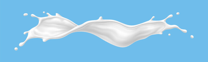Naklejka premium White milk cream or yoghurt wave splash wave flow. Realistic 3d vector dairy drink swirl with drops and splatters. Liquid swirled protein product flow stream. Milky dairy fresh creamy yogurt dessert