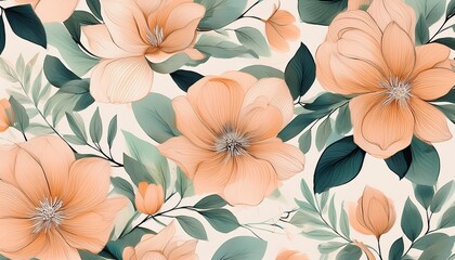 a beautiful seamless botanical pattern featuring delicate peach colored flowers green leaves and soft abstract shapes on a light background