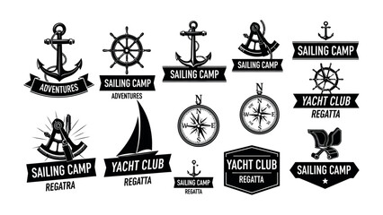 Obraz premium Vintage Sailing Camp and Yacht Club Badge Collection, Classic Maritime Emblems with Anchor, Ship Wheel, Compass and Sextant Silhouettes, Retro Nautical Vector Illustration Isolated on White