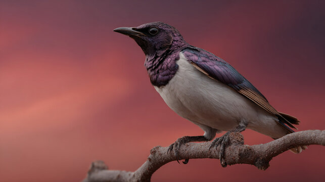 Violet-backed starling bird perched on a branch against a beautiful purple sunset sky.