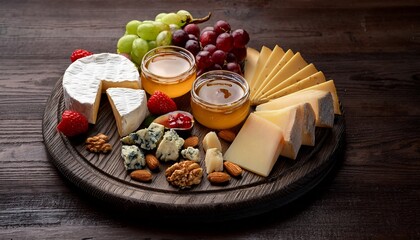 a beautifully presented cheese platter featuring a variety of cheeses fresh fruits nuts and honey on a dark wooden background appetizer food styling