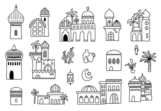 Islamic ramadan doodle set with mosque architecture and lantern icons featuring eid mubarak line art decoration