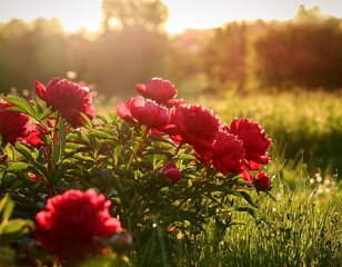 vibrant close up of lush meadow with red peonies in soft spring sunlight evoking a sense of renewal and joy peonies vibrant