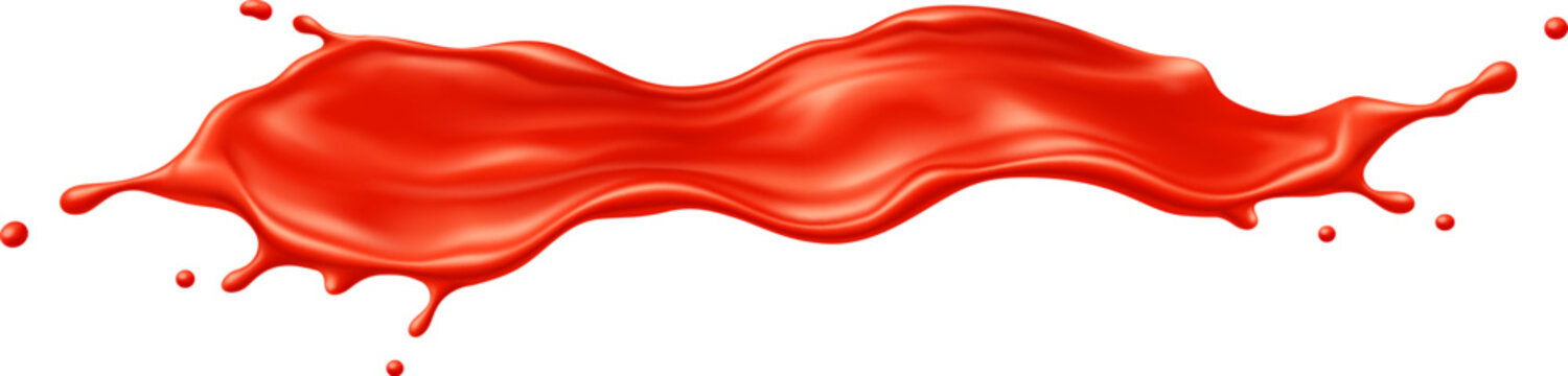 Tomato juice drink and ketchup sauce wave splashes. Vibrant, realistic vector rich red tomato juice, capturing dynamic motion and natural texture of liquid. Red ketchup splashes for food packaging