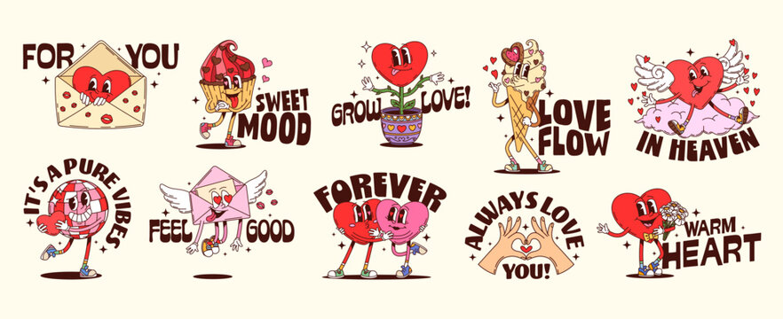 Valentine love hearts and Y2K groovy stickers or funky labels, cartoon vector. Valentine day cartoon groovy stickers with funny heart characters in love on cloud with sweet mood and love vibe quotes