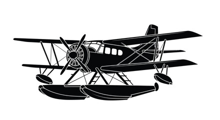 Black and white illustration of a vintage seaplane with floats © msunny93