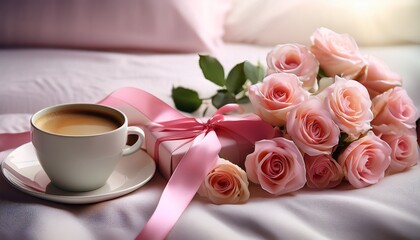 a beautiful gift with a pink ribbon next to a bouquet of roses and a cup of coffee on a bed showcasing care and appreciation roses relationship