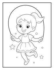Obraz premium Happy Girl Jumping Rope Coloring Page for Kids. Friendly Little Girl Character Playing Fitness Activity Vector for Children. 