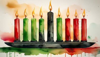 seven candles for kwanzaa festival celebration mishumaa artistic watercolor textured green red black burning candles african american ethnic heritage celebration