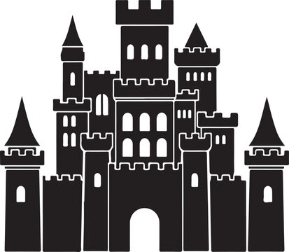 A black silhouette of a medieval castle with towers and battlements on a white background.