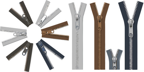 Vector set of colorful metal zippers in various lengths and positions including a circular arrangement for fashion design and apparel sketches © Sumona