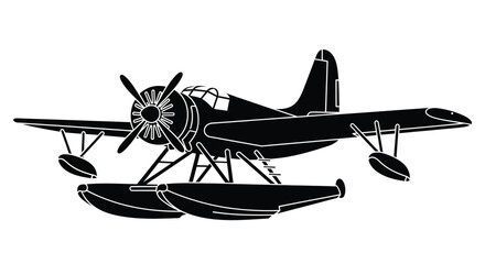 Black and white silhouette of a vintage seaplane with floats © msunny93