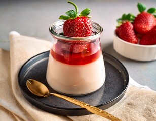 a deliciously creamy roasted strawberry panna cotta served in a glass jar topped with fresh strawberries and a drizzle of honey elevated dessert