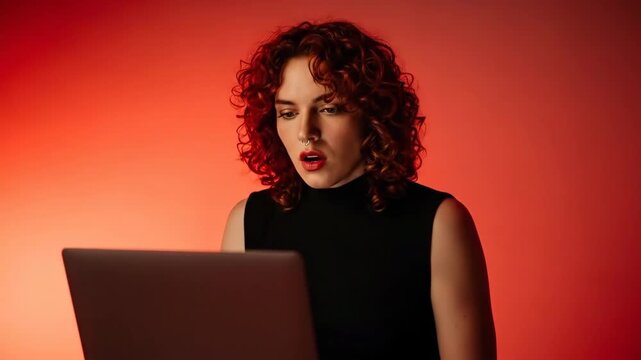 Woman with curly hair engrossed in laptop screen against warm gradient background