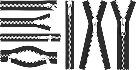 Black and white zipper silhouettes set featuring different stages of opening and closing for flat fashion sketches and technical apparel illustrations © Sumona