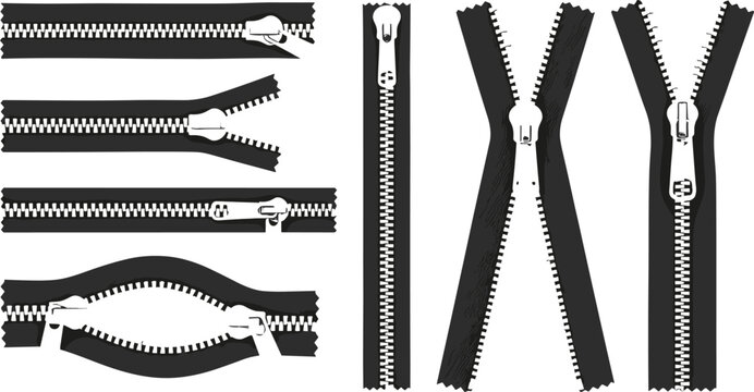 Black and white zipper silhouettes set featuring different stages of opening and closing for flat fashion sketches and technical apparel illustrations