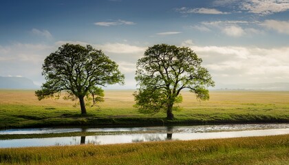 two trees are in a field with a river in between